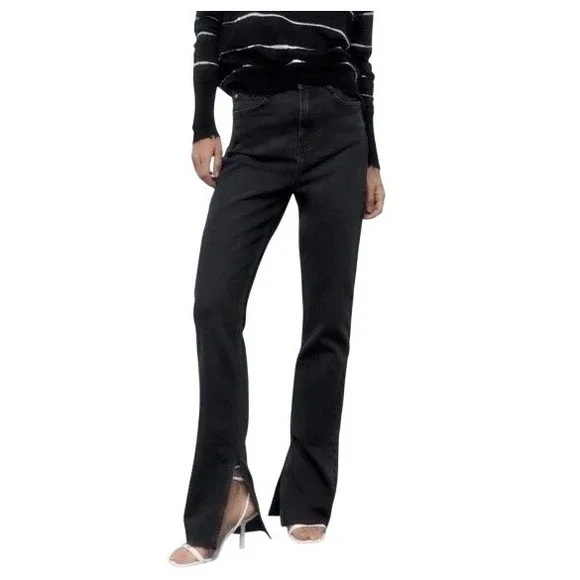 ZARA Black High Waisted Split Hem Straight Leg Denim Jeans, Size 6 US, EUC - Picture 1 of 10